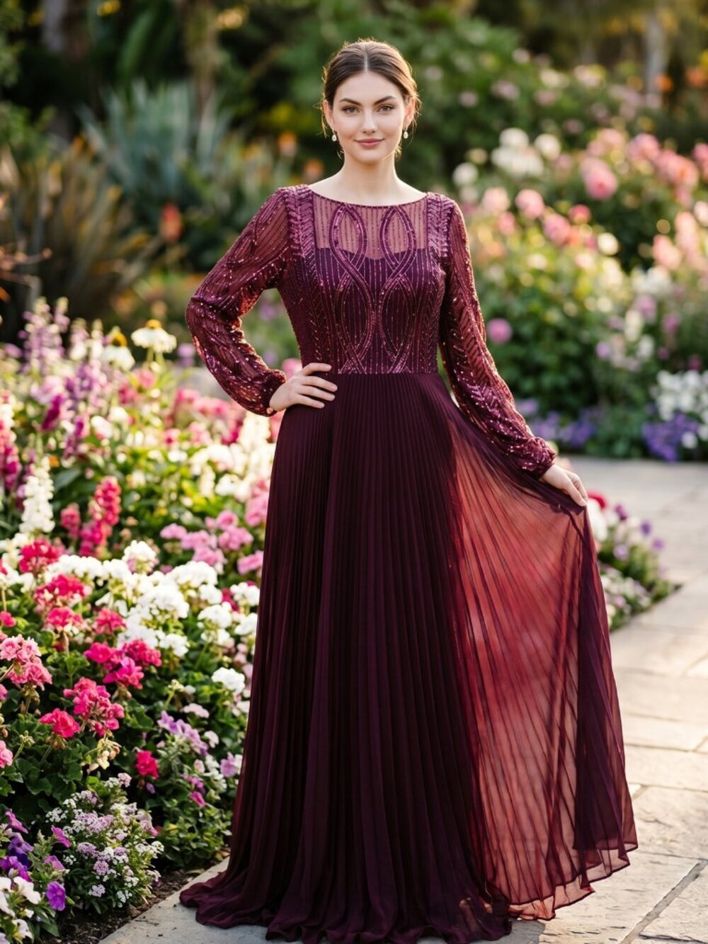 New Elegant Wine A-Line Mother Of The Bride Sequin Gown w/Long Sleeves JTM18B